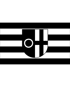Flag: Datteln | Beschreibung der Flagge  Die Flagge der Stadt Datteln zeigt in der Mitte das Stadtwappen auf schwarz - weiß gestreiftem Felde in waagerechter Anordnung über 4 schwarzen und 3 weißen Streifen