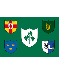 Flag: IRFU flag first made public in 1925, comprised of the traditional four provinces of Ireland shields and other older elements